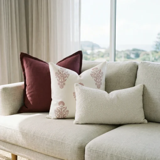 Elle cushions on sofa with burgundy, cream patterned and textured white designs.