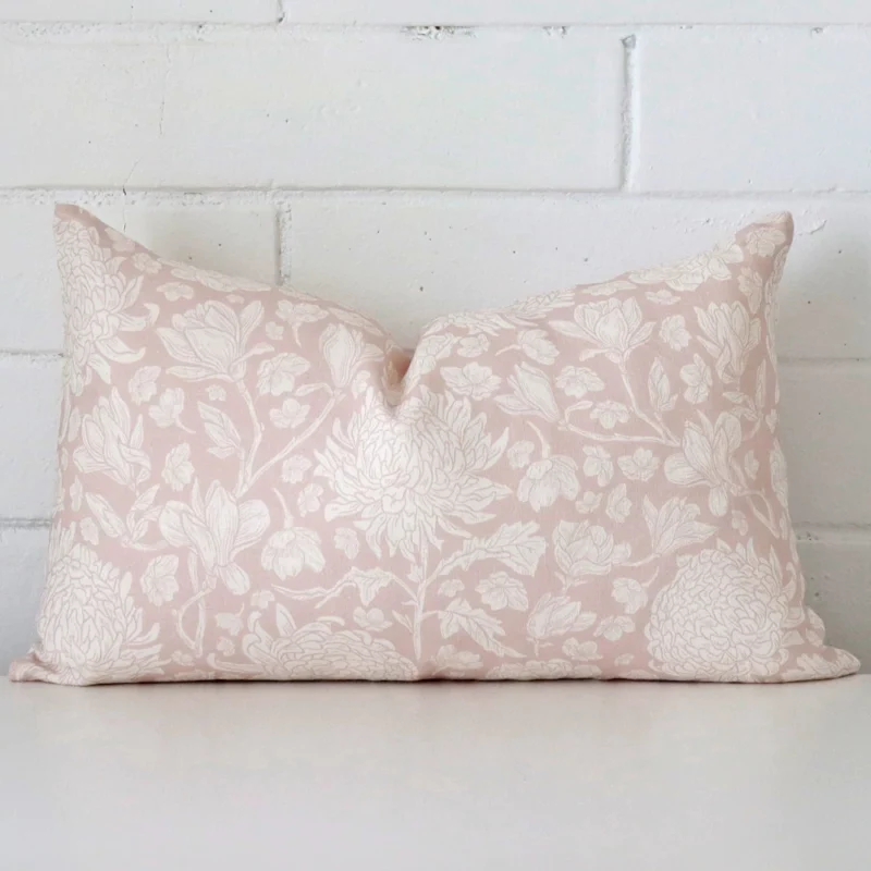 elle-linen-light-pink-floral-cushion-cover-rectangle-sc1010-30 Close up view showing a corner of this floral linen cushion in a rectangle size and with light pink colouring.