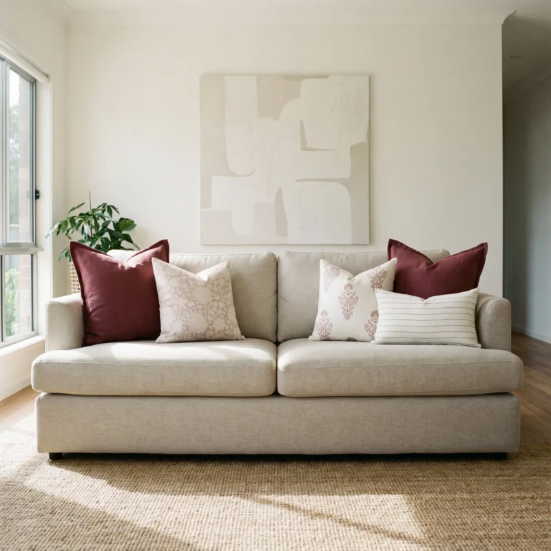 elle-sofa-cushions-set-5-covers-colc1132z Elle cushions styled on sofa with burgundy, beige and subtle striped cushions.