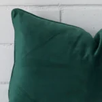 Rectangle cushion in emerald green colour sitting upright in front of a brick wall. It has been made from a quality velvet material.