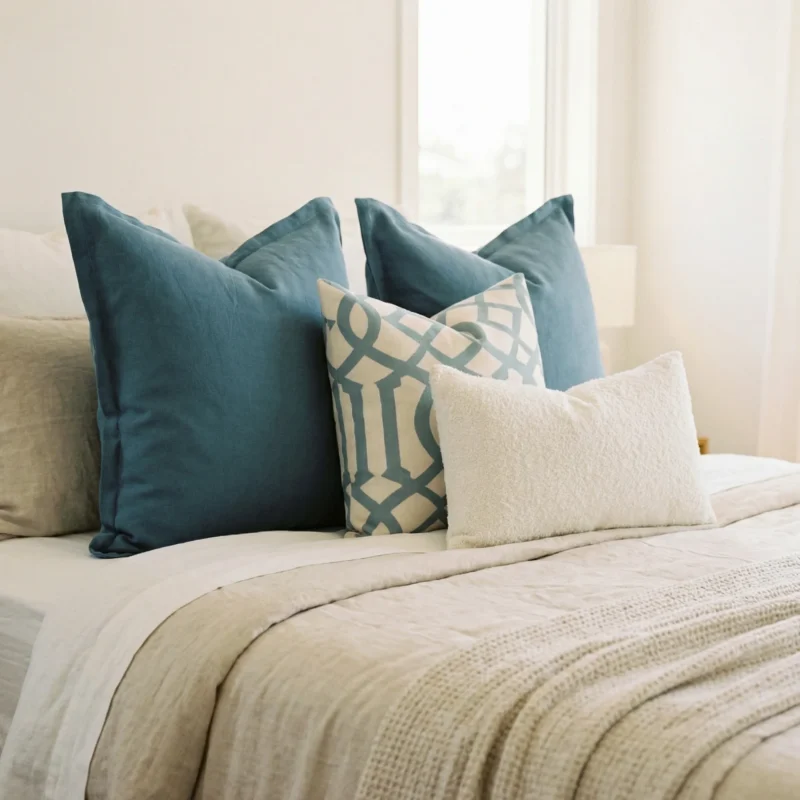 Eva cushions styled on bed with teal, geometric print and soft neutral accents.