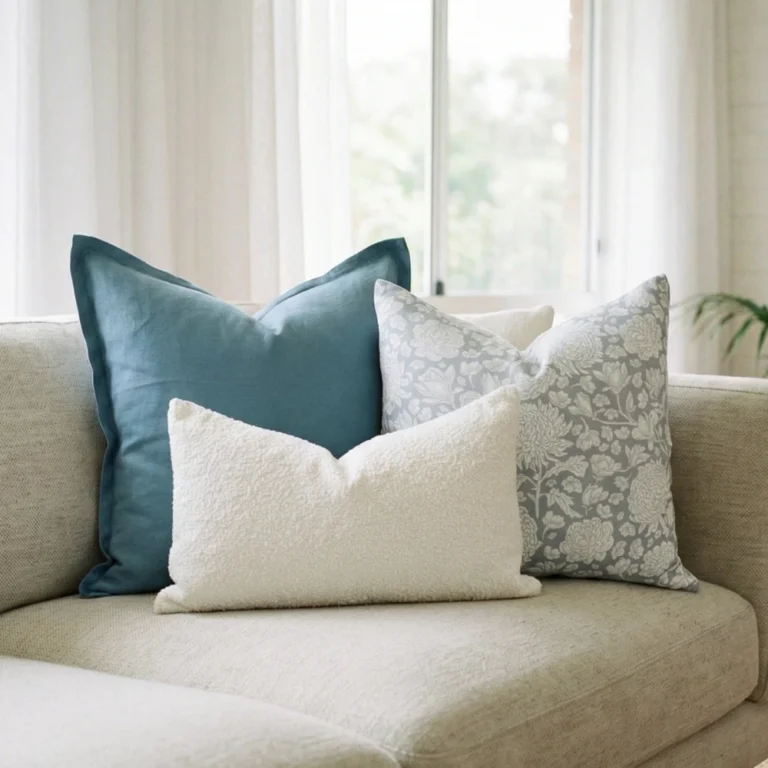 Eva cushions arranged on sofa with blue, grey floral and white textured styles.