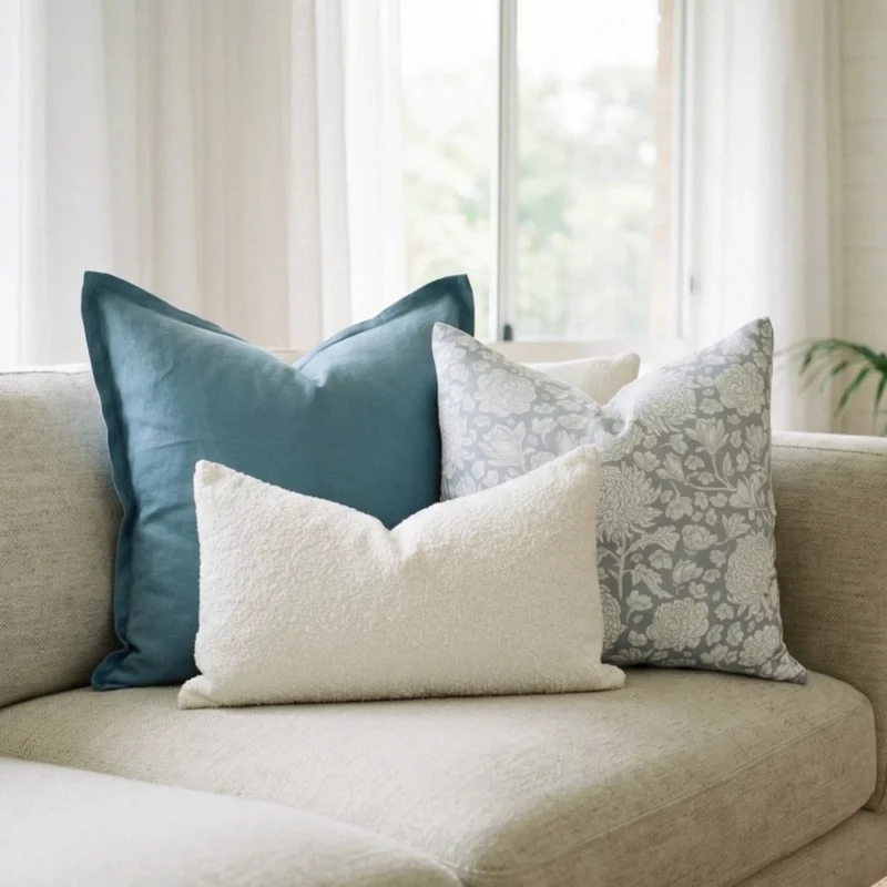 Eva cushions arranged on sofa with blue, grey floral and white textured styles.
