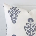 Precision shot of this square light blue cushion cover. It is possible to see the patterned style and linen fabric in greater depth.