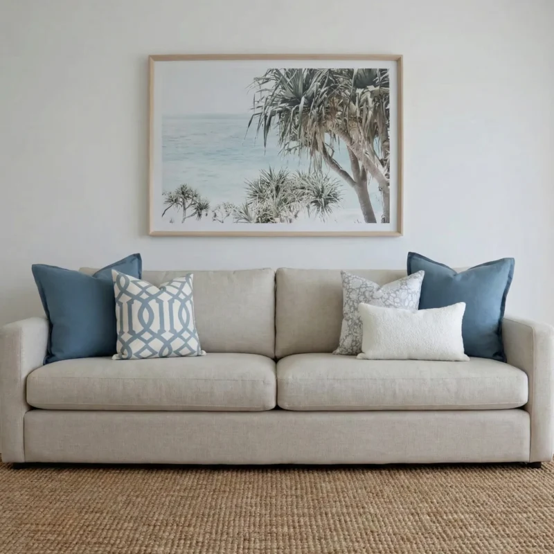 eva-sofa-cushions-set-5-covers-colc1134zz Eva cushions arranged on sofa with blue, white and geometric patterned cushions.