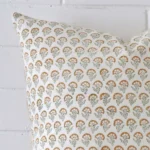 Close up image of designer square cushion. The image allows you to see the floral style more thoroughly.