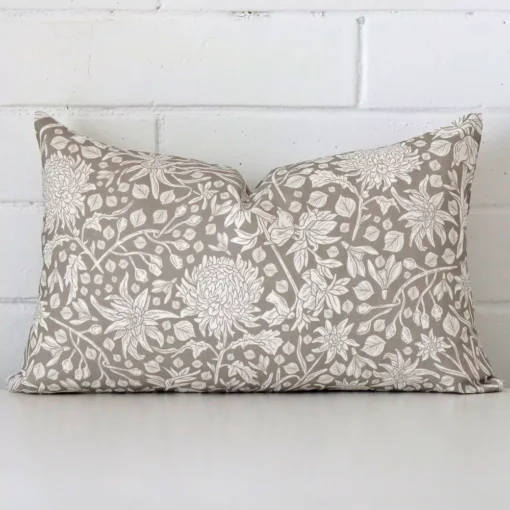 Lovely grey floral cushion made from linen fabric and in an elegant rectangle size.