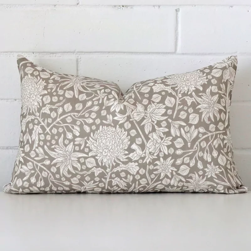 gracie-linen-grey-floral-cushion-cover-rectangle-sc1012-30 Lovely grey floral cushion made from linen fabric and in an elegant rectangle size.