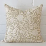 Front view of floral square cushion. Crafted from a special linen material in a grey colour.