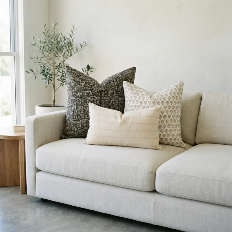 Hali cushions styled on sofa with black speckled and beige patterned designs.