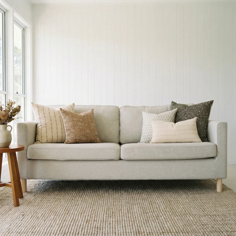 hali-sofa-cushions-set-5-designer-covers-cola1154vv Hali cushions displayed on sofa with neutral tones and subtle geometric patterns.