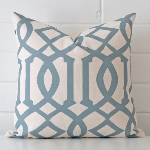 Gorgeous square linen cushion cover that has a duck egg hue. It has a graceful patterned design.