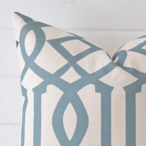 A detailed shot of this duck egg patterned cushion cover that has linen fabric and a square size.