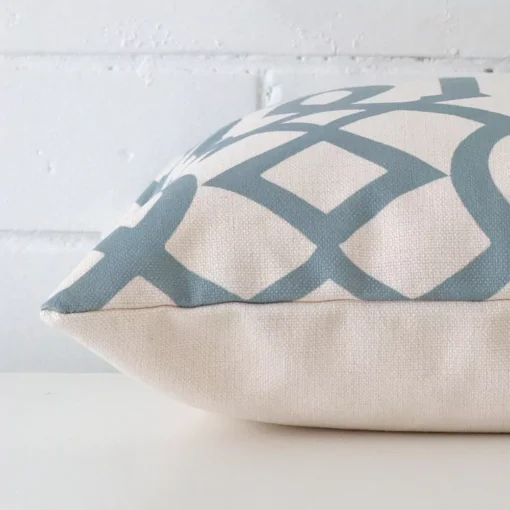 The edge of this linen square cushion in duck egg is shown. The shot shows the patterned design and the front and rear panels.