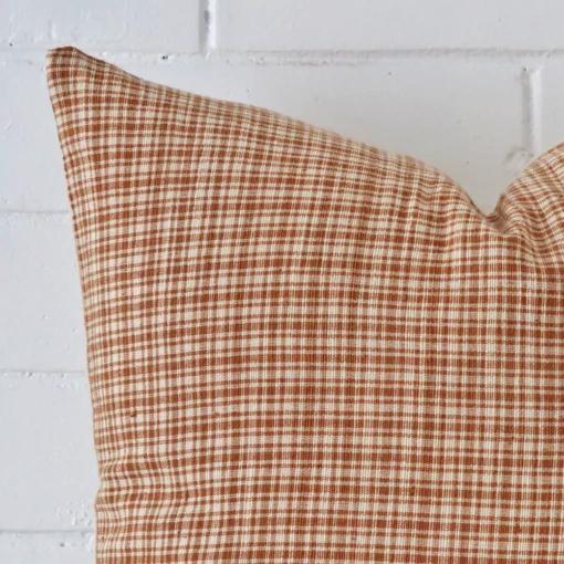 Focused view of gingham square cushion cover. The shot shows details of its designer material