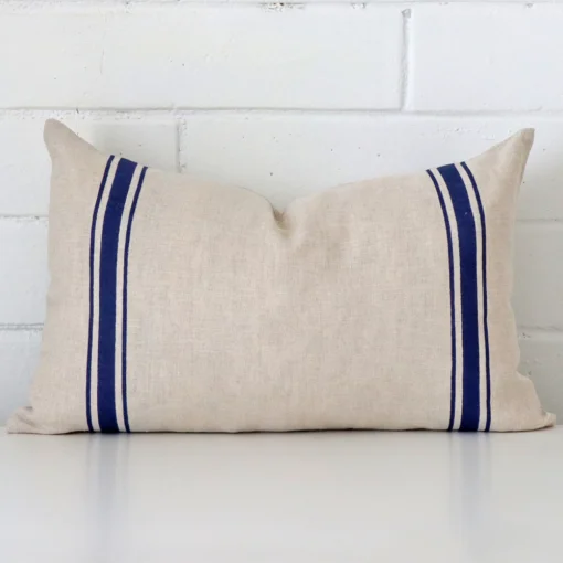 Vibrant striped linen cushion cover in a stylish rectangle size with blue colouring.