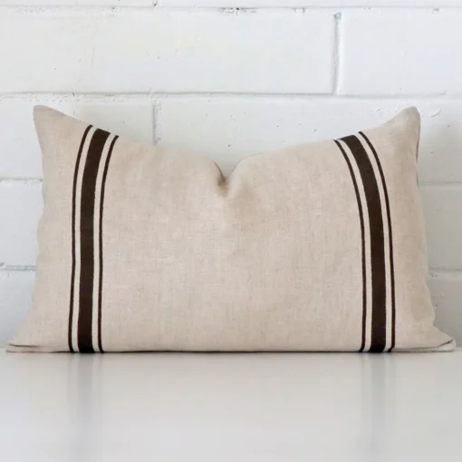 A premium linen charcoal cushion boasting a striped design and in a rectangle size.