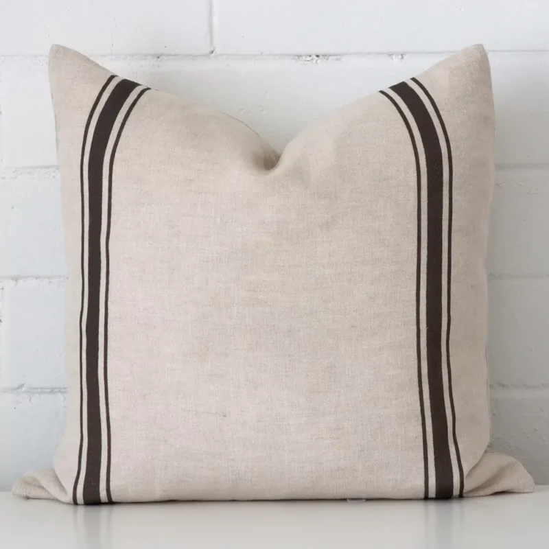 ivy-linen-charcoal-striped-cushion-cover-sc1006-45b An eye-catching linen square cushion cover featuring a hue that is charcoal. It has a unique striped style.