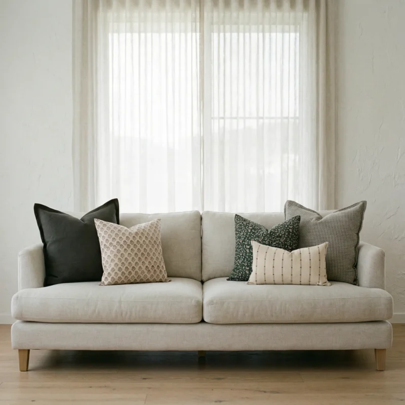 jude-sofa-cushions-set-4-designer-covers-cola1157v Jude cushions arranged on sofa with dark green, cream and striped patterned cushions.