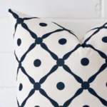 A macro image of the top left corner of this geometric linen cushion. It is possible to see the finer detail of the square shape.