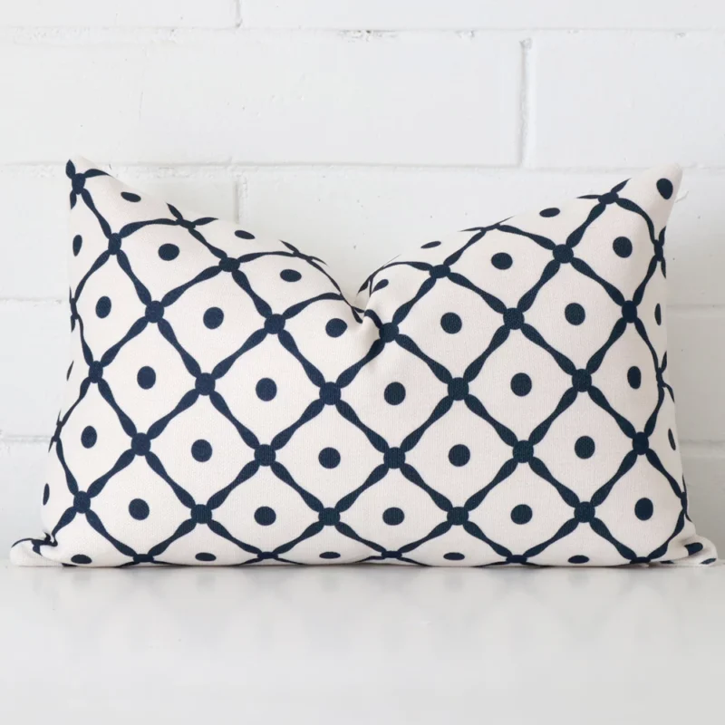 lattice-rectangular-hamptons-cushion-cover-30cm-x-50cm-sc620-30 Cushion cover sits against a white wall. It is constructed from a superior looking linen material and has rectangle dimensions.