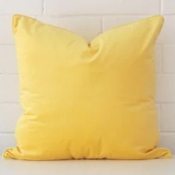 Lemon yellow cushion cover sits against a white wall. It is constructed from a superior looking velvet material and has square dimensions.