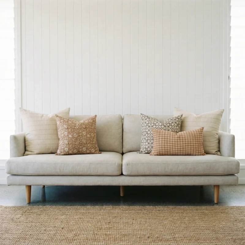 Lennox cushions arranged on sofa with beige, floral and check patterned cushions.