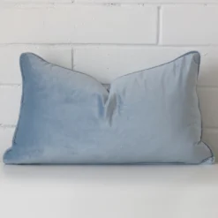 Light blue velvet cushion cover features prominently against a white wall. It is a rectangle design.