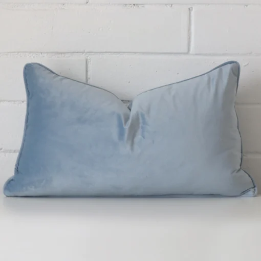 Light blue velvet cushion cover features prominently against a white wall. It is a rectangle design.