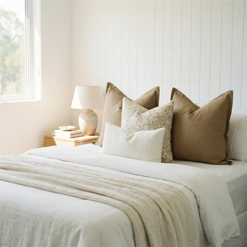 Lily cushions styled on bed with warm taupe, floral and textured neutral cushions.