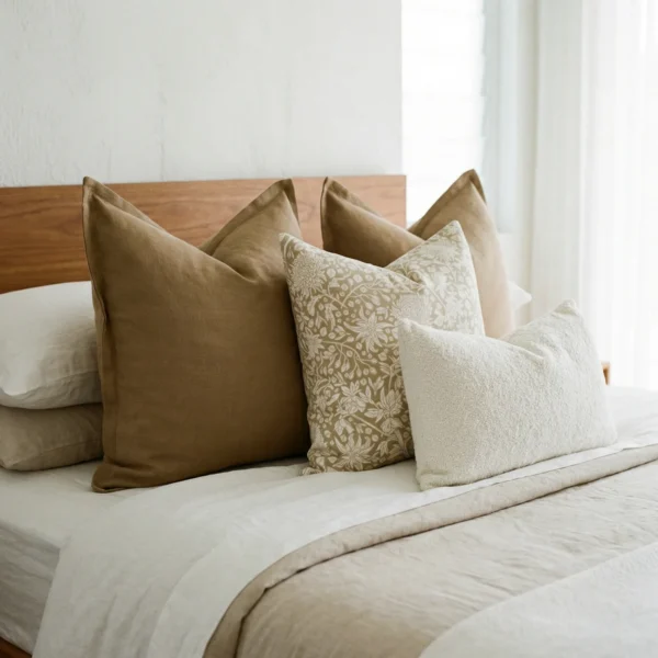 Lily cushions on bed with soft brown tones, floral pattern and textured lumbar cushion.