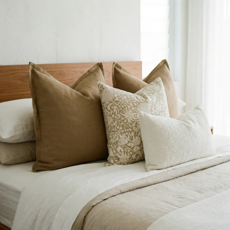 lily-bed-cushions-set-4-covers-colc1120zz Lily cushions on bed with soft brown tones, floral pattern and textured lumbar cushion.