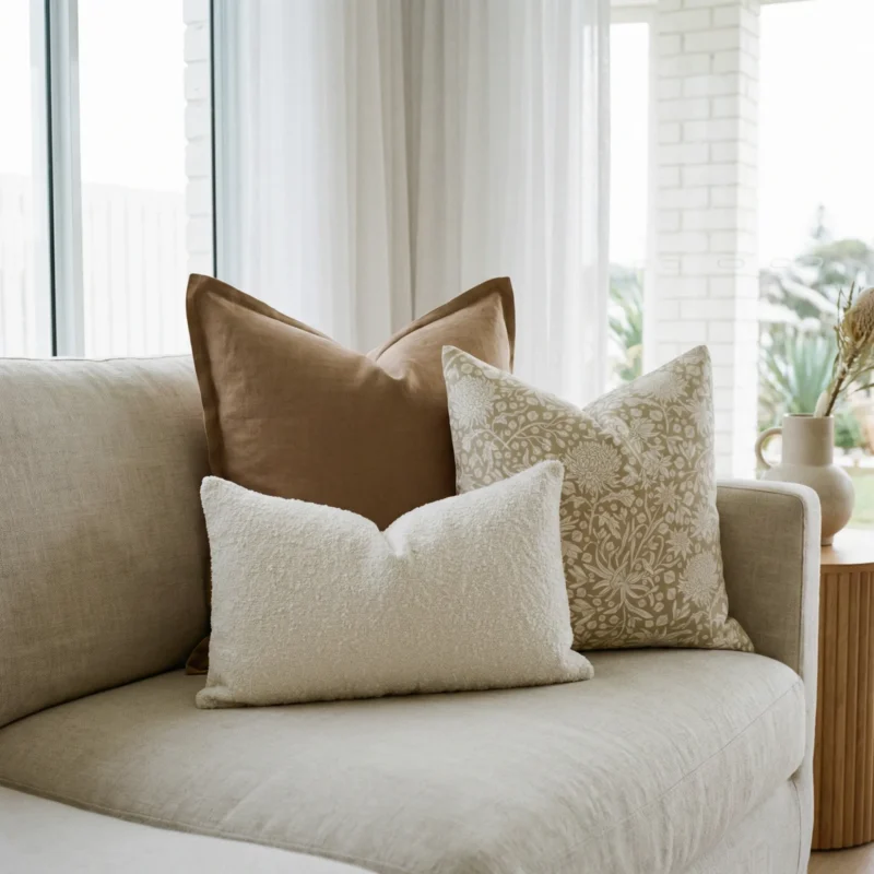 lily-couch-cushions-set-3-covers-colc1111vv Lily cushions on sofa with warm tan, floral pattern and soft white texture.