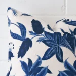 Close up image of linen square cushion. The image allows you to see floral style more thoroughly.