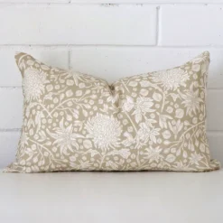 Front view of floral rectangle cushion. Crafted from a special linen material.