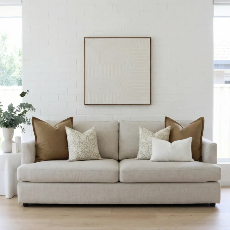 lily-sofa-cushions-set-5-covers-colc1129zz Lily cushions styled on sofa with warm brown, beige and textured neutral cushions.
