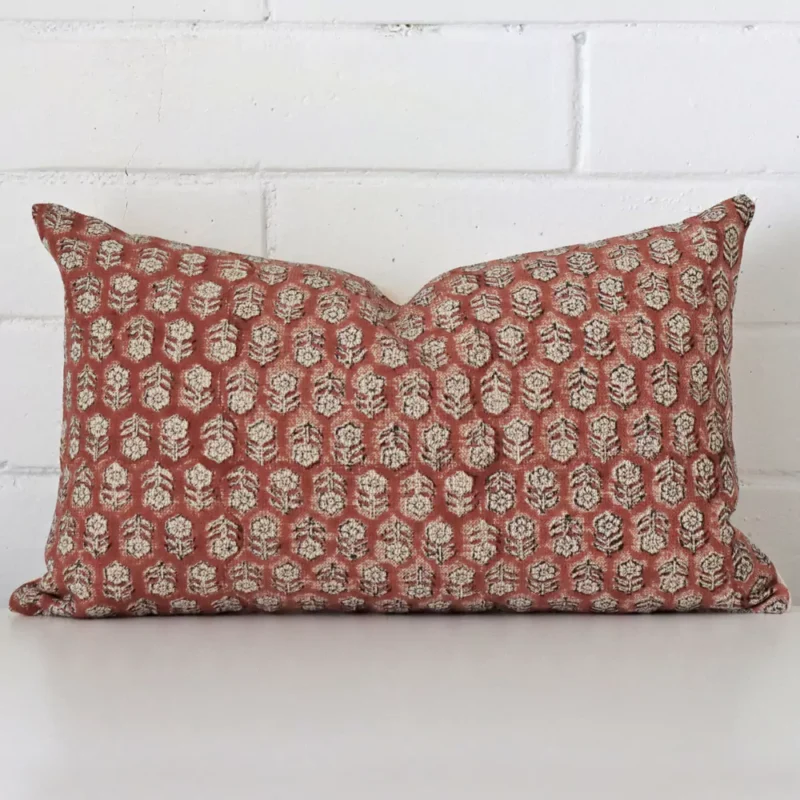 livv-floral-designer-cushion-cover-rectangle-art114-30 Floral cushion cover in front of a white wall. It has a rectangle size and is made from a designer material.