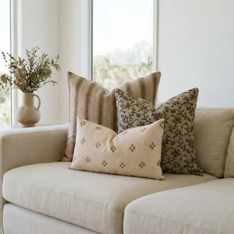 Luka cushions on sofa with earthy stripes, small motifs and detailed floral pattern.