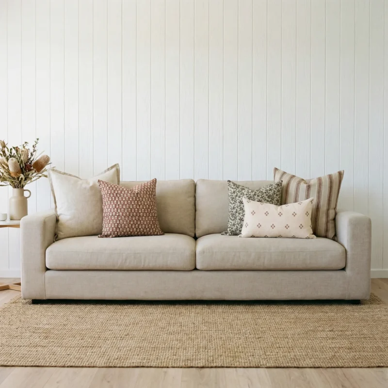 luka-sofa-cushions-set-5-design-covers-cola1155v Luka cushions styled on beige sofa with rust, green and striped patterns.