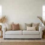 Luka cushions arranged on sofa with earthy tones and mixed geometric designs.