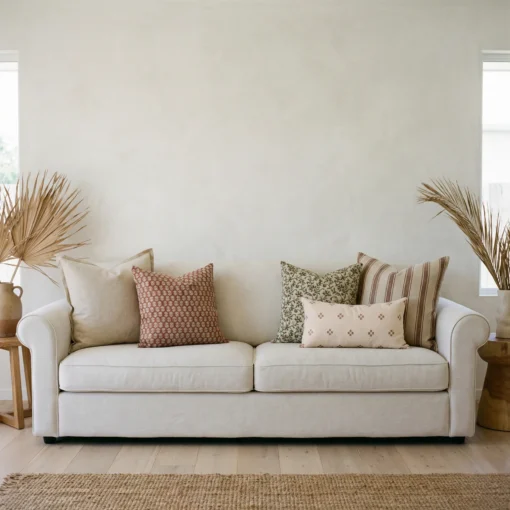 Luka cushions arranged on sofa with earthy tones and mixed geometric designs.