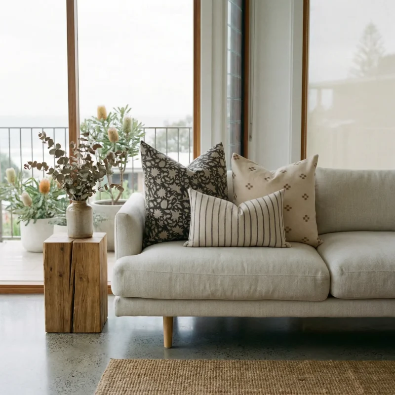 Mabel cushions styled on sofa with black floral, stripe and cream geometric designs.