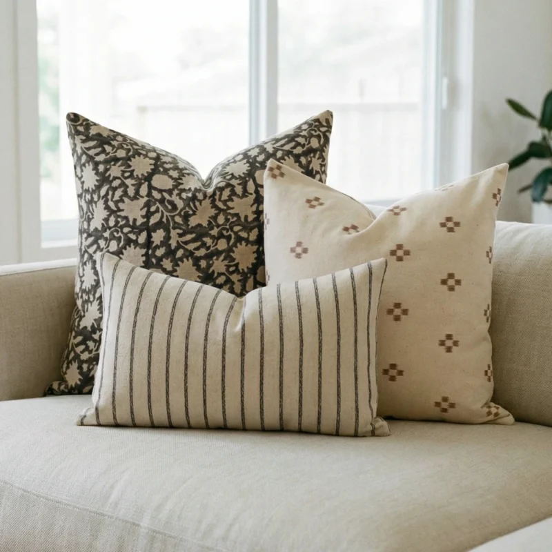Mabel cushions on sofa with dark floral, striped and soft beige patterns.
