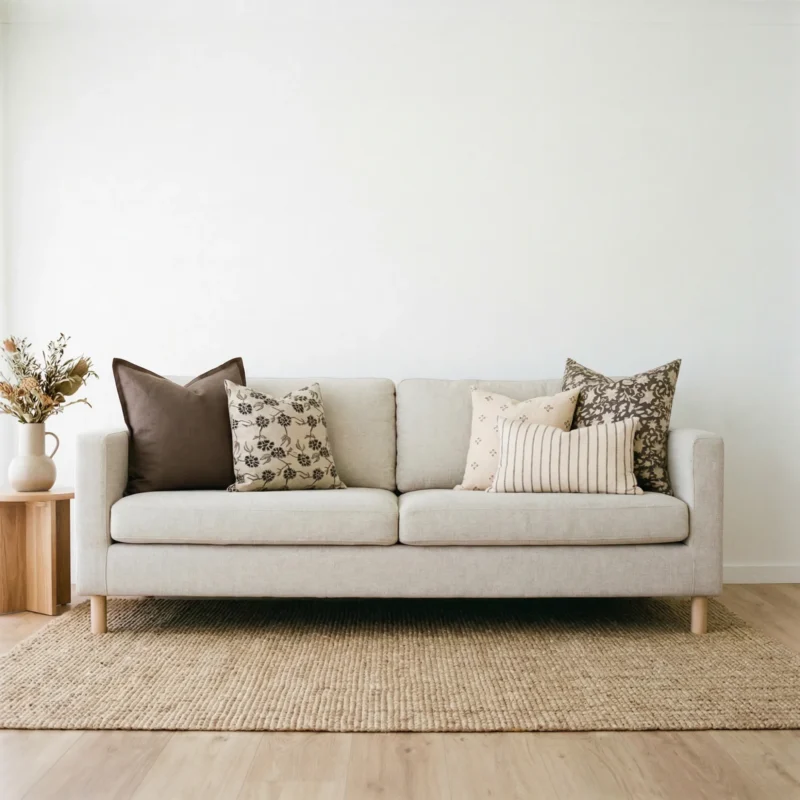 Mabel cushions styled on sofa with brown, cream and floral patterned cushions.