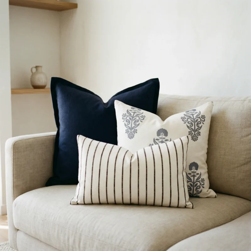 maya-couch-cushions-set-3-covers-colc1117vv Maya cushions styled on sofa with navy, striped and neutral patterned designs.