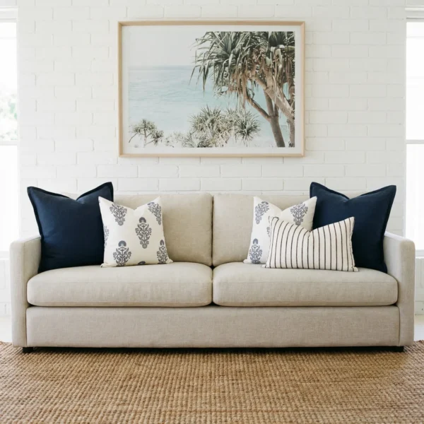 Maya cushions displayed on sofa with navy, white and striped patterned cushions.