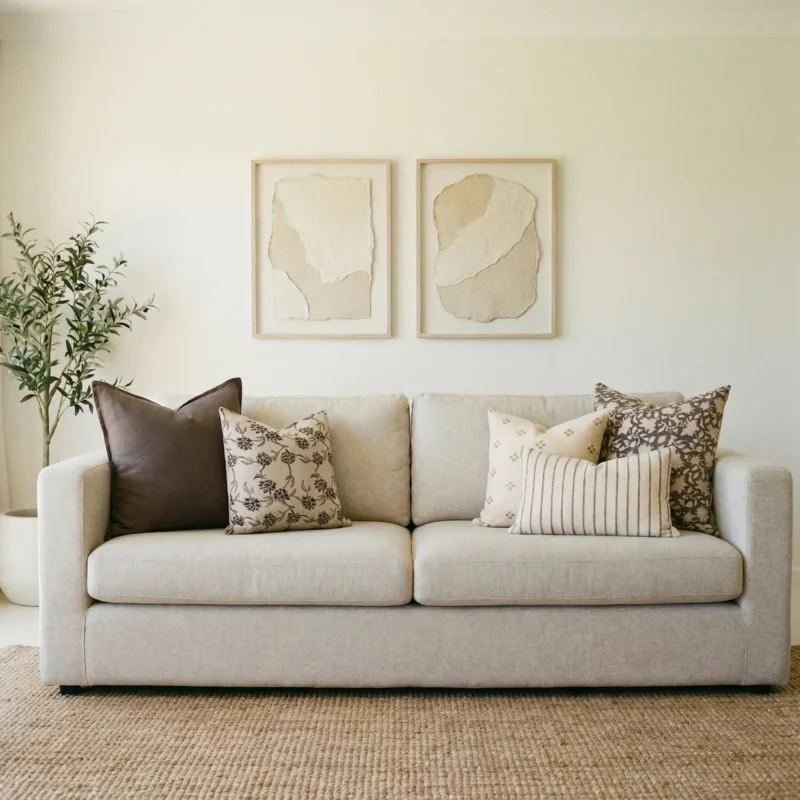 Nellie cushions arranged on sofa with brown, beige and floral patterned cushions.