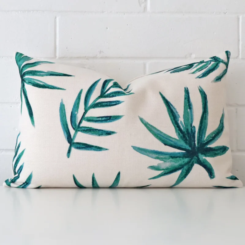 raphis-rectangular-leaf-cushion-cover-30cm-x-50cm-sc676-30 Rectangle cushion cover sitting upright in front of a brick wall. It has been made from a linen material.