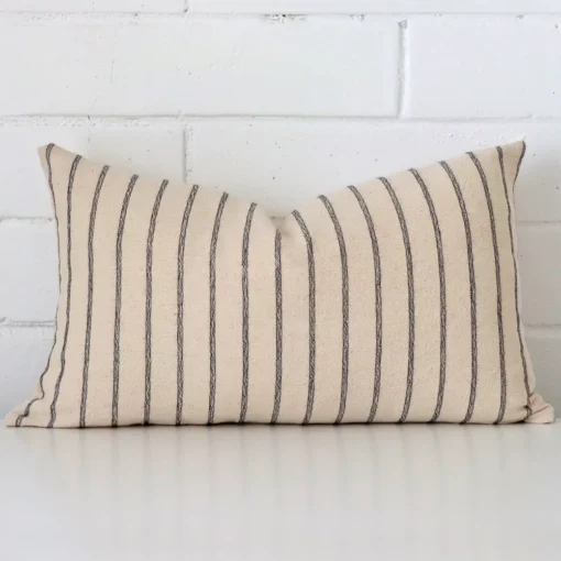 Designer cushion cover features prominently against a white wall. It is a rectangle design and has a striped decorative finish.