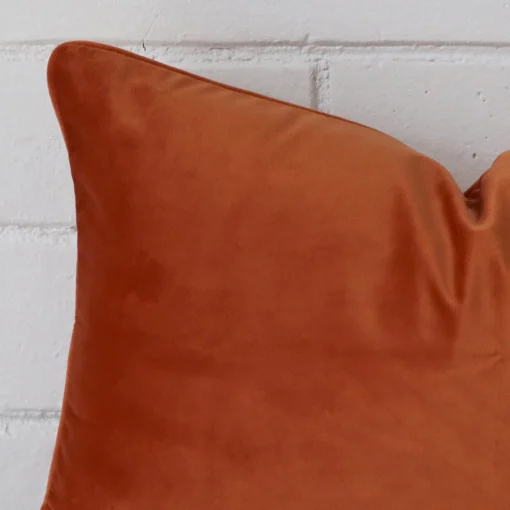 Close range image of terracotta cushion. The square size and velvet material can be seen in detail.